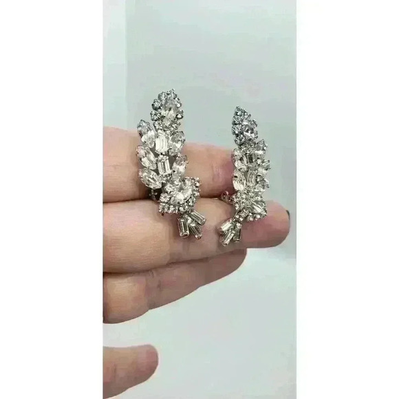 Earrings Rhinestone Climber Big Layered Leaf 3rd Eye Flower Vintage Statement - Picture 7 of 9